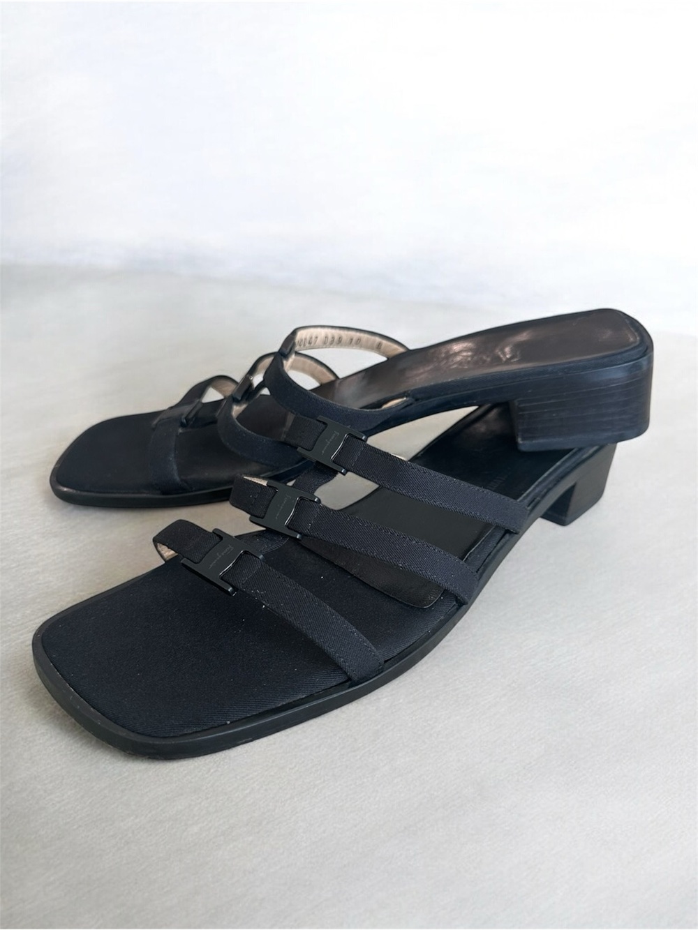 Salvatore Ferragamo Black Satin Fabric Strappy sandals slides Size 10 (narrow)